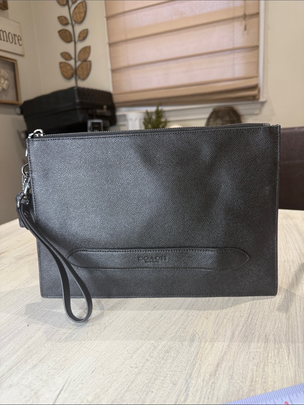 Coach Black Leather Wristlet Pouch with Detachable Strap